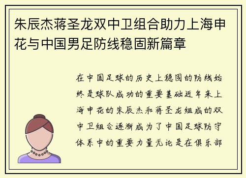 朱辰杰蒋圣龙双中卫组合助力上海申花与中国男足防线稳固新篇章 朱辰杰蒋圣龙双中卫组合助力上海申花与中国男足防线稳固新篇章